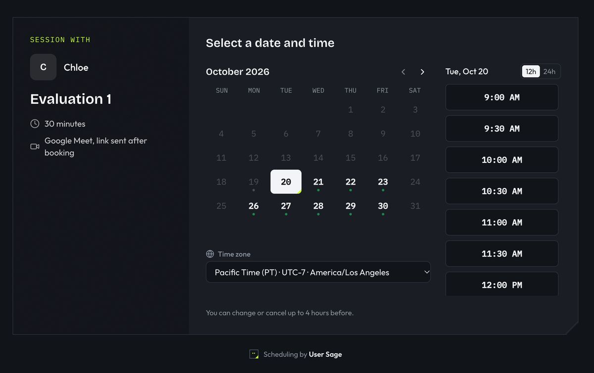 The User Sage booking page for a live session, showing the calendar and time slots a participant picks from